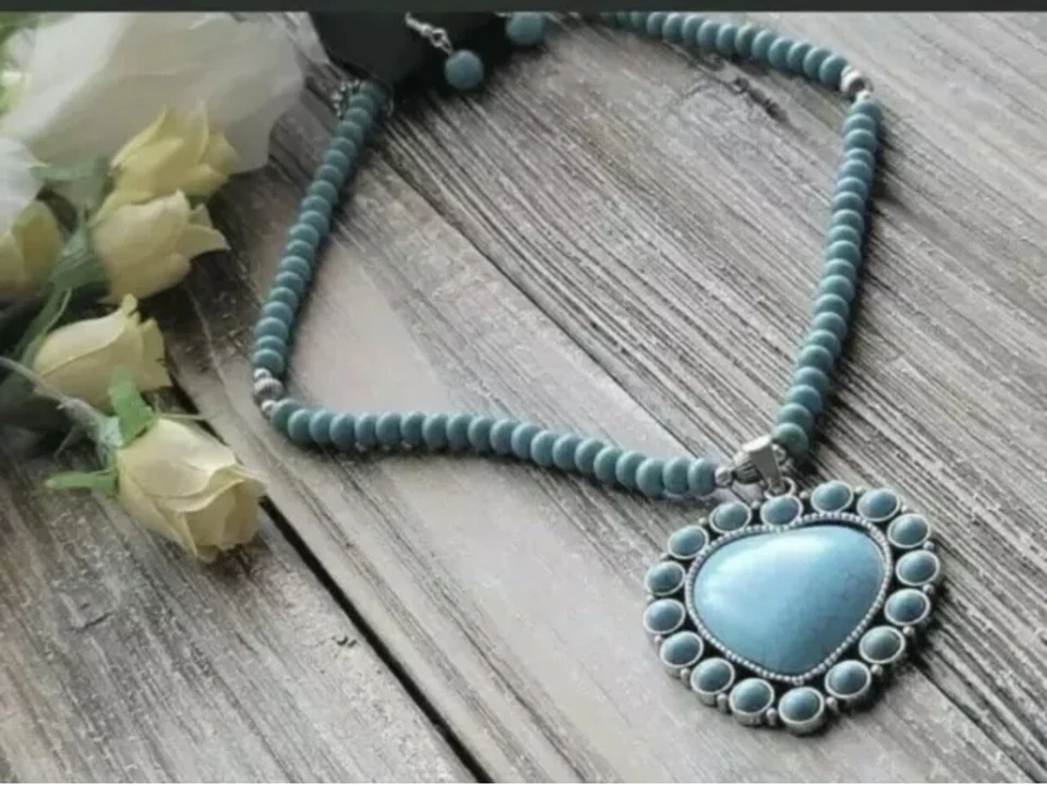 Piedra Crackle Azul 💙 CORAZÓN Collar Pendientes Conjunto Mujer + Bolsa Regalo 💙 Adorable