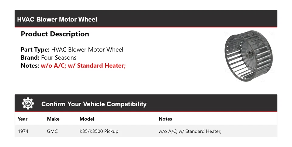 Soplador de climatización para camioneta GMC K35/K3500 1974 rueda motor 4 estaciones Foto 2 de 4