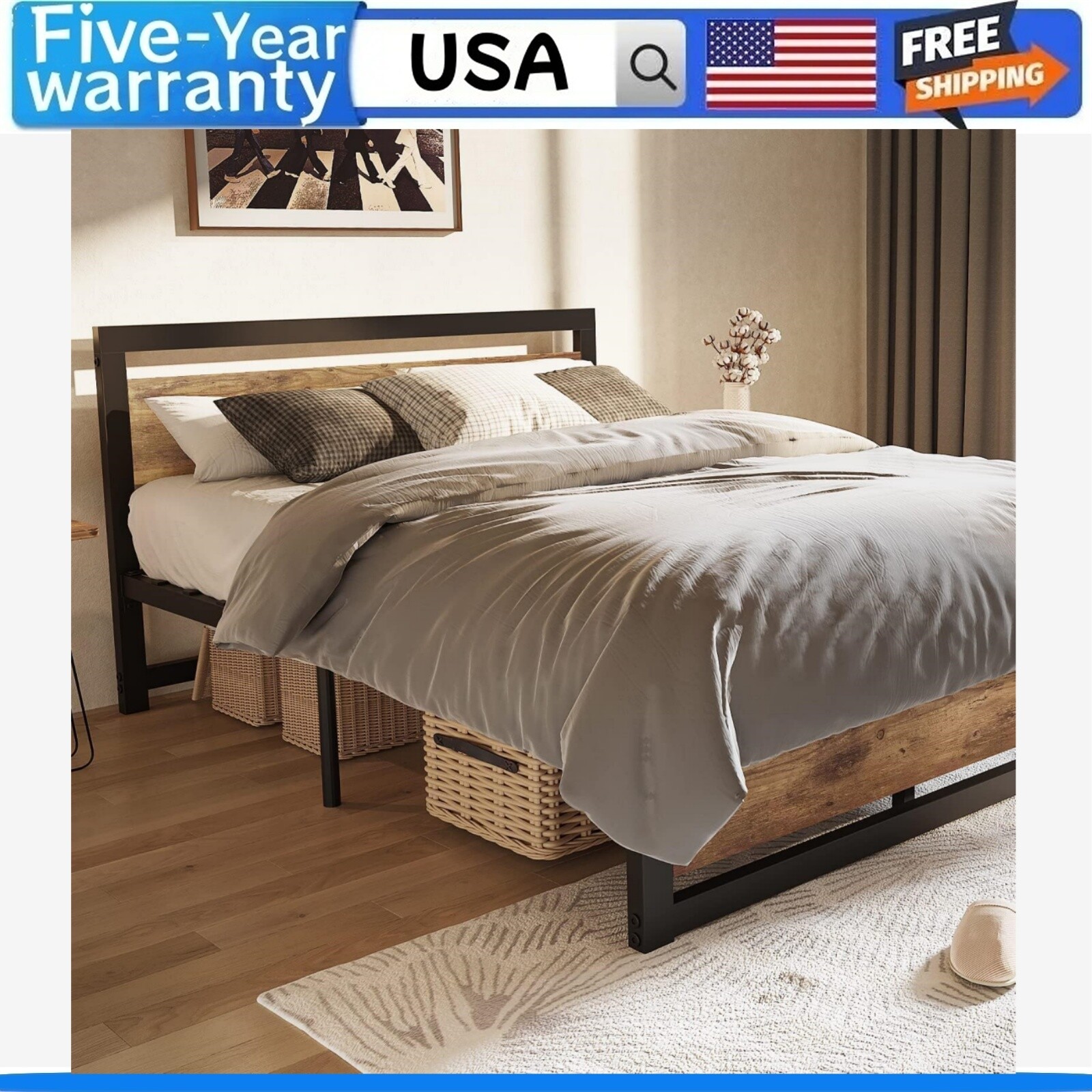 💹Queen Size Bed Frame with Wooden Headboard and Footboard Metal King Bed Platfo