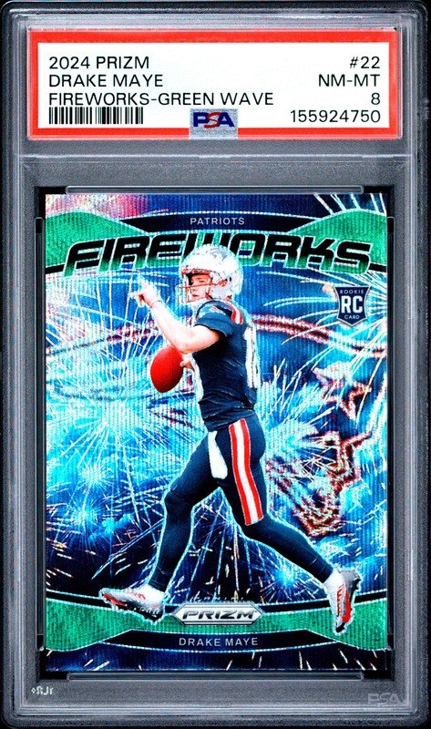 155924750 Drake Maye 2024 Panini Prizm #22 Green Wave Fireworks Rookie RC PSA 8