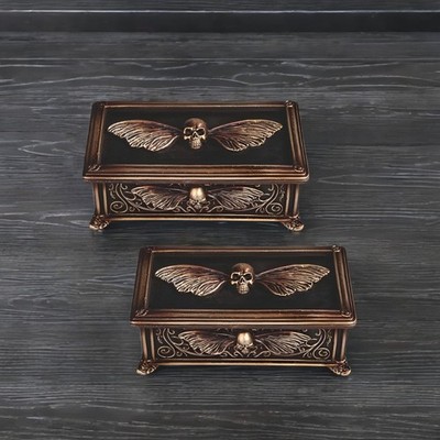 2-PC Gift Set 6''W Skull Moth Trinket Box Ornament Home Decor Unique Gift