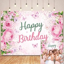 Pink Floral Birthday Backdrop for Photography Flowers Butterfly Happy Birthday B
