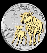 2021 Australia Lunar Year of the OX GILDED 1oz Silver $1 Coin w/ OGP/BOX Gilt