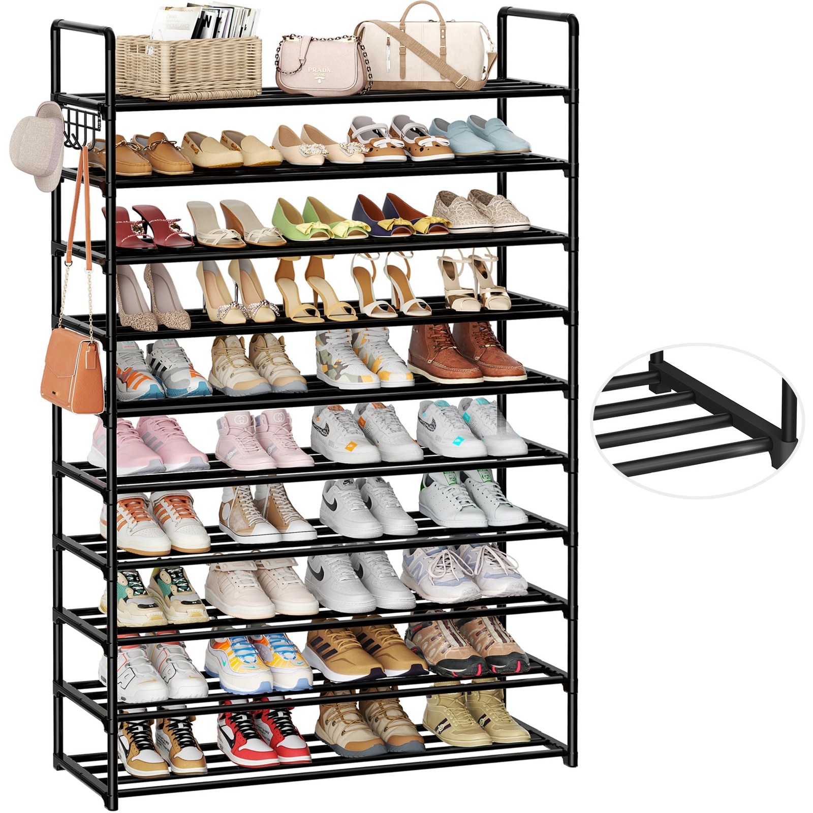 10-Tier Shoe Organizer - Large Metal Shoe Rack with Hooks, Fits 40-50 Pairs, ...