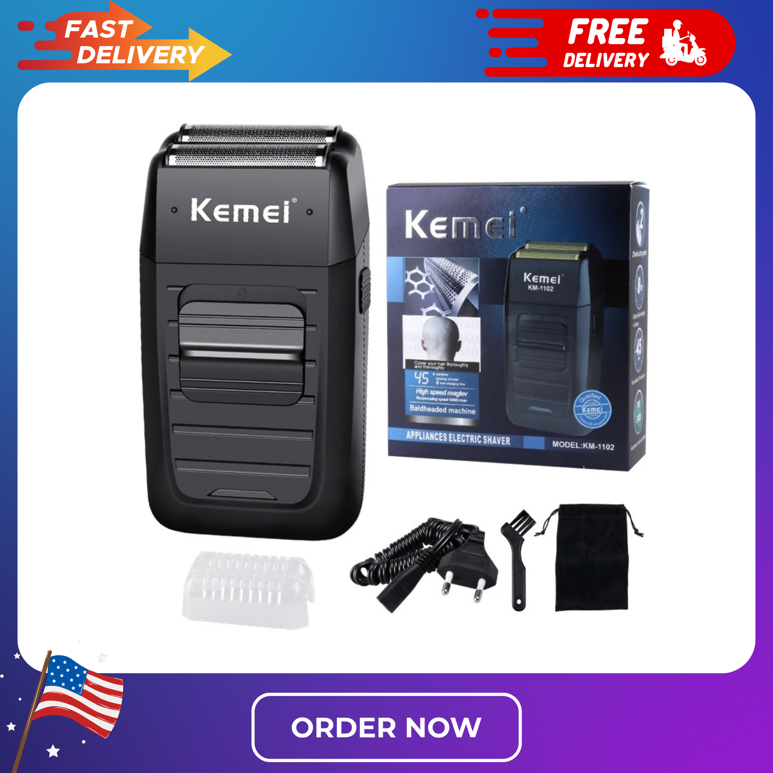 Kemei Rechargeable Cordless Men's Shaver with Twin Blade for Smooth Beard Trimming