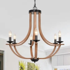 27.6" Farmhouse Chandelier 6-Light - Adjustable Height Faux Walnut Wood Penda...
