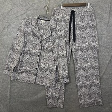 Soma Pajama Set Womens Sz Med Long Black Gray Damask Print Pockets - SIZE NOTE