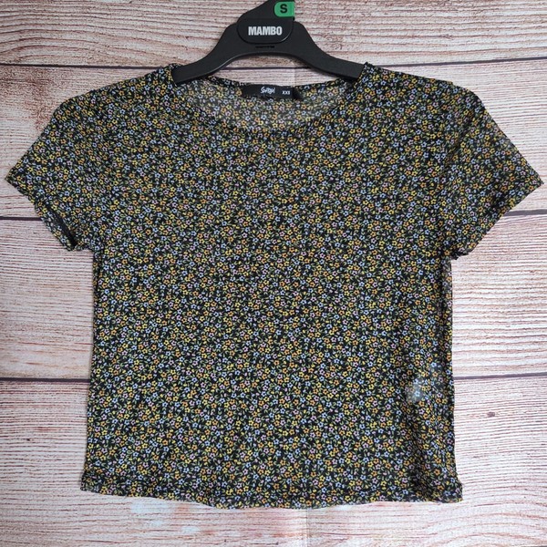 SportsGirl Shirt ~ Size XXS Women's ~ Blak Cropped Floral Sheer T-Shirt