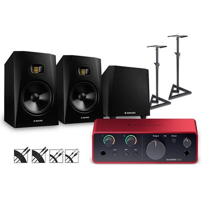 Focusrite Scarlett Solo Gen 4 Adam Audio MonitorsT10S SubStandsCables T8V