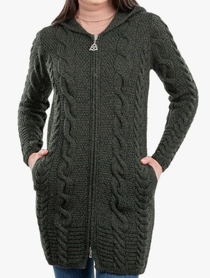 SAOL Irish Green Merino Wool Cable Knit Hooded Zip Sweater Coat NEW Sz XL