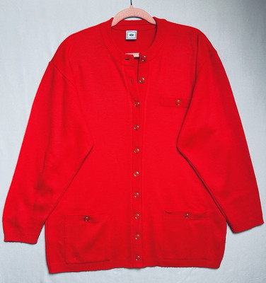 Vintage C&A Strickjacke Damen Gr. UK 18-20 rot Langarm Taschen Strick lang