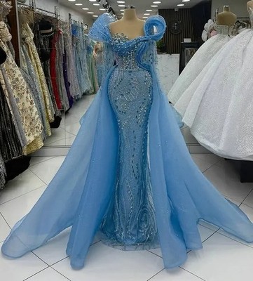Luxury Blue Mermaid Evening Dresses Lace Crystals Detachable Train Party Gowns