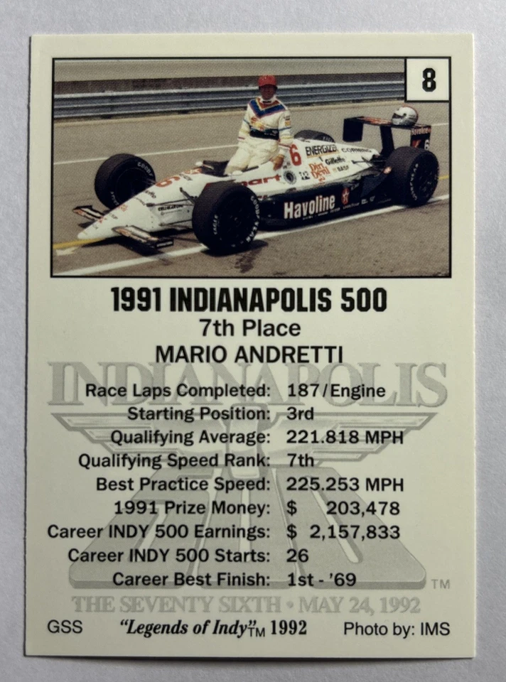 Mario Andretti Signed Card Legends of Indy 1991 Indianapolis 500 Auto Autograph - Image 2 of 2