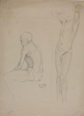 1930's PENCIL STUDY / PORTRAIT OF A SEMI NUDE YOUNG MAN B Sutcliffe