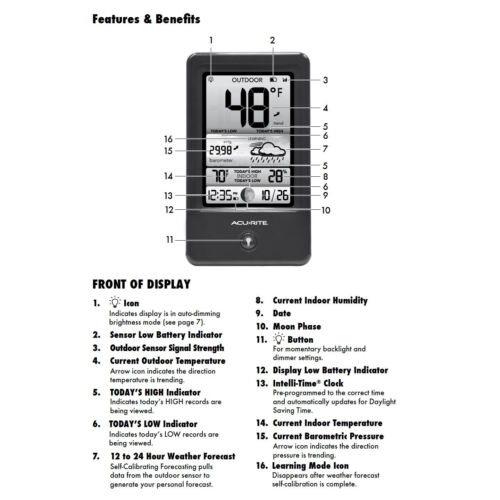 AcuRite WEATHER STATION INDOOR/OUTDOOR THERMOMETER HUMIDITY FORECAST CLOCK MOON - Picture 8 of 8