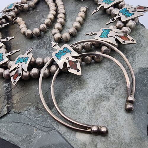 Sterling Silver 925 Navajo Squash Blossom Thunderbird Pawn Necklace Ag 24250 - Picture 3 of 8