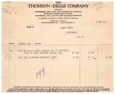 1933 receipt Thomson Diggs Co Bill head Sacramento California Hardware Pipe Iron