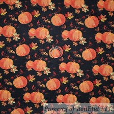 BonEful Fabric FQ Cotton Quilt Black Orange Pumpkin Fall Leaf Color Red Scenic S