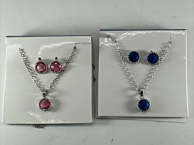 EFFY round Aqua/Pink fashion JEWELRY SET stud EARRINGS and NECKLACE w/  PENDANT