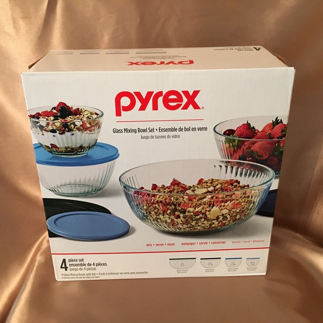 1 PYREX 4-piece Sculpted Glass Mixing Bowl Set With Colorful Lids for sale online | eBay
