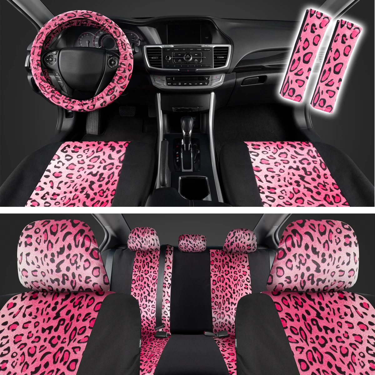 Full Set Hot Pink Leopard Print Car Seat Covers for Women Cute Car