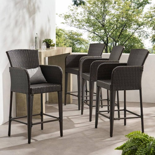 Noble House Outdoor Bar Stool Armchair w/ Footrest Iron Frame Modern Multi Brown - Picture 8 of 8