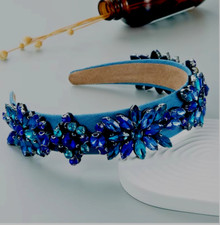 LUXURY HANDMADE ROYAL BLUE RHINESTONE HEADBAND HAIR ACCESSORY, BRIDAL/RACES