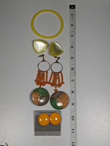 Orange Yellow Jewelry Long Necklace Chandelier & Button Earrings Bracelet 1980s - Picture 12 of 13