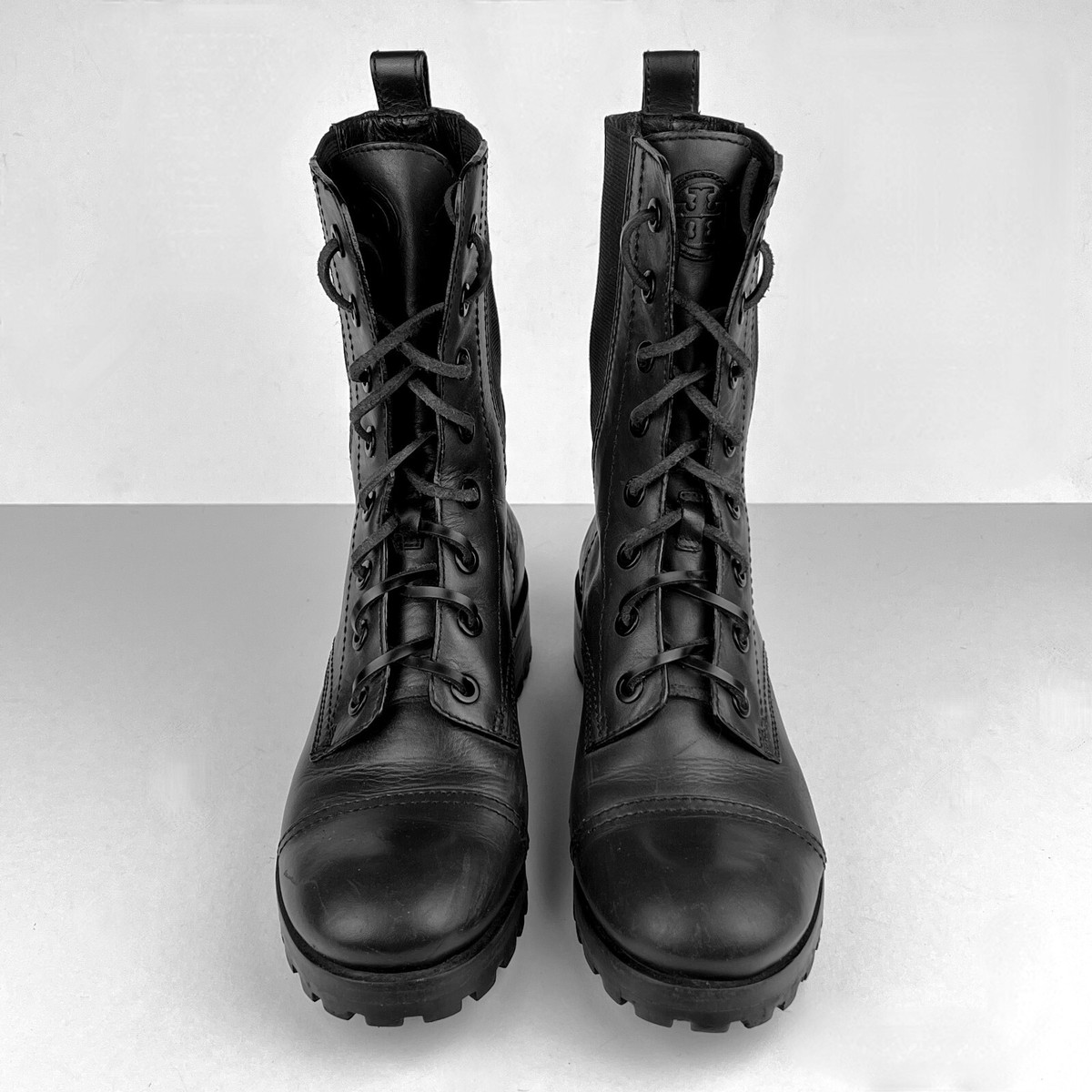 Tory Burch Black Leather Combat Boots Lace Up Elastic Waffle