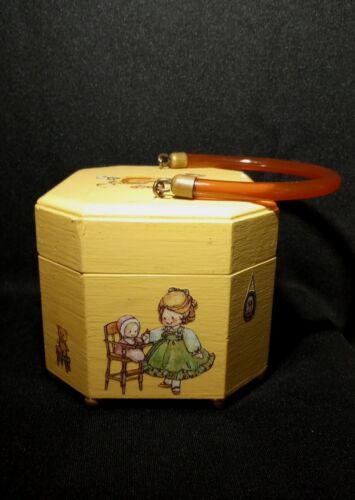 VTG Wooden Purse Handbag Lucite Handle Decoupage Octagonal With Butterfly Clasp - Picture 3 of 21
