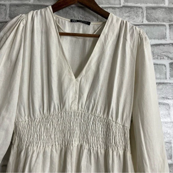 OFF WHITE Abito leggero Zara Off White misto lino cottage core a strati fumè taglia M