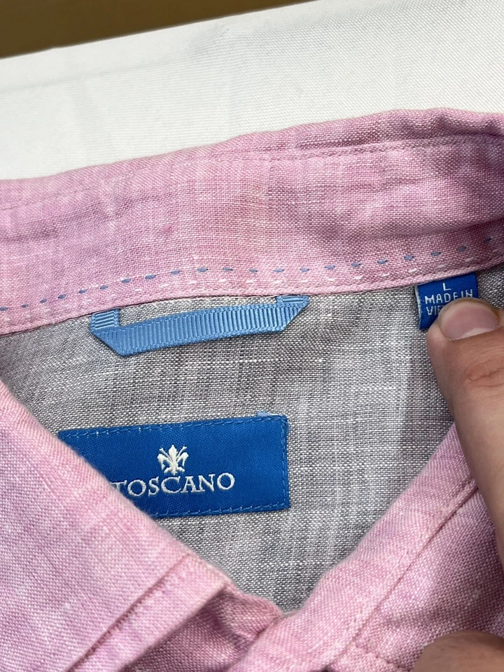 Toscano Para Hombres L ROSA Sexy LINO Playa Vestido Camisa Abotonada Mangas con Pestaña Enrollable Foto 2 de 4