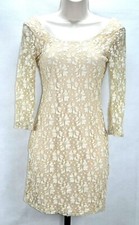 Speekless Size 3 Zip Back White & Tan Lace Design Dress 3/4 Sleeve