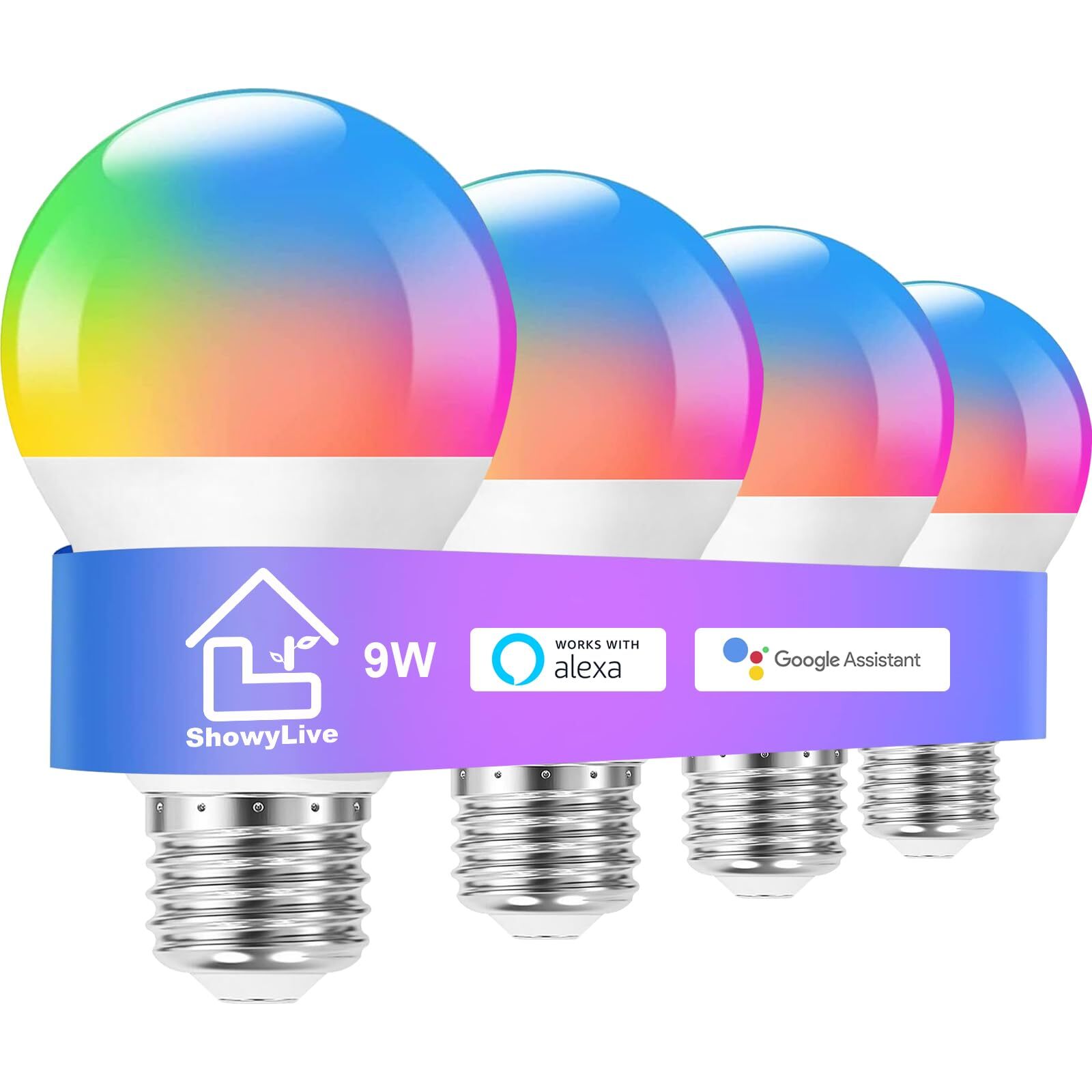 ShowyLive Smart Light Bulb 4 PK WiFi & Bluetooth 5.0 Smart Bulbs That Work wi...-image