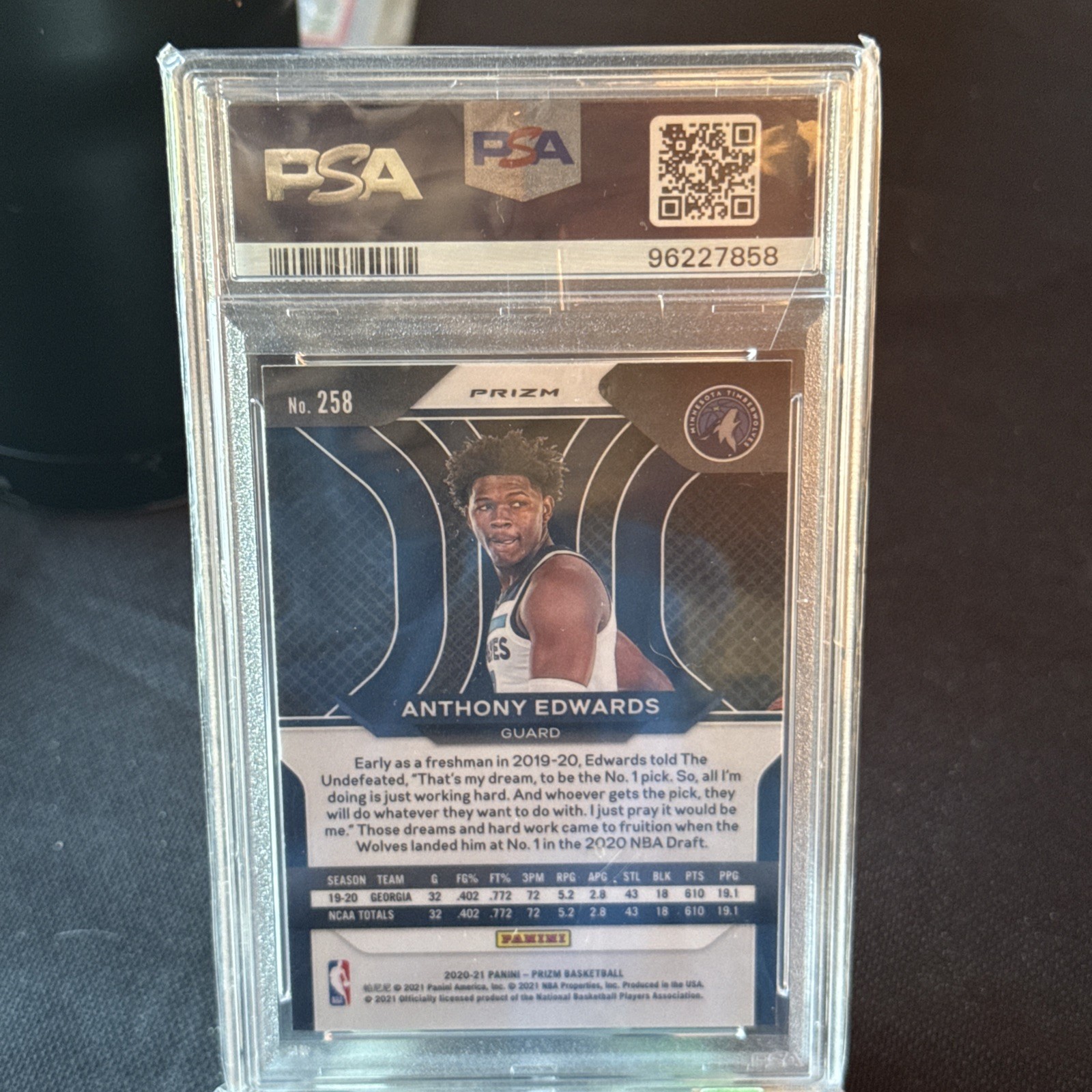 2020-21 Panini Prizm Anthony Edwards PSA 9 Ruby Red Wave #258 Rookie RC Mint SP view 2
