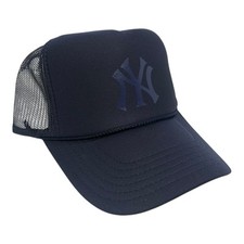 NEW YORK YANKEES NAVY BKUE MONO HAT 5 PANEL HIGH CROWN TRUCKER SNAPBACK VINTAGE