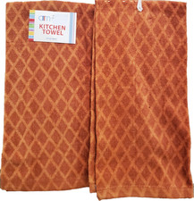 Set of 2 Same Kitchen Terry Towels 15"x25" ORANGE BROWN DIAMONDS DESIGN, AM