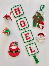 Vintage Hand-Made PLASTIC CANVAS YARN NEEDLEPOINT CHRISTMAS ORNAMENT Train Santa