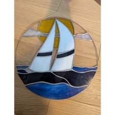 Vintage Stained Glass Sailboat Ocean Sun Wall Hanging Suncatcher