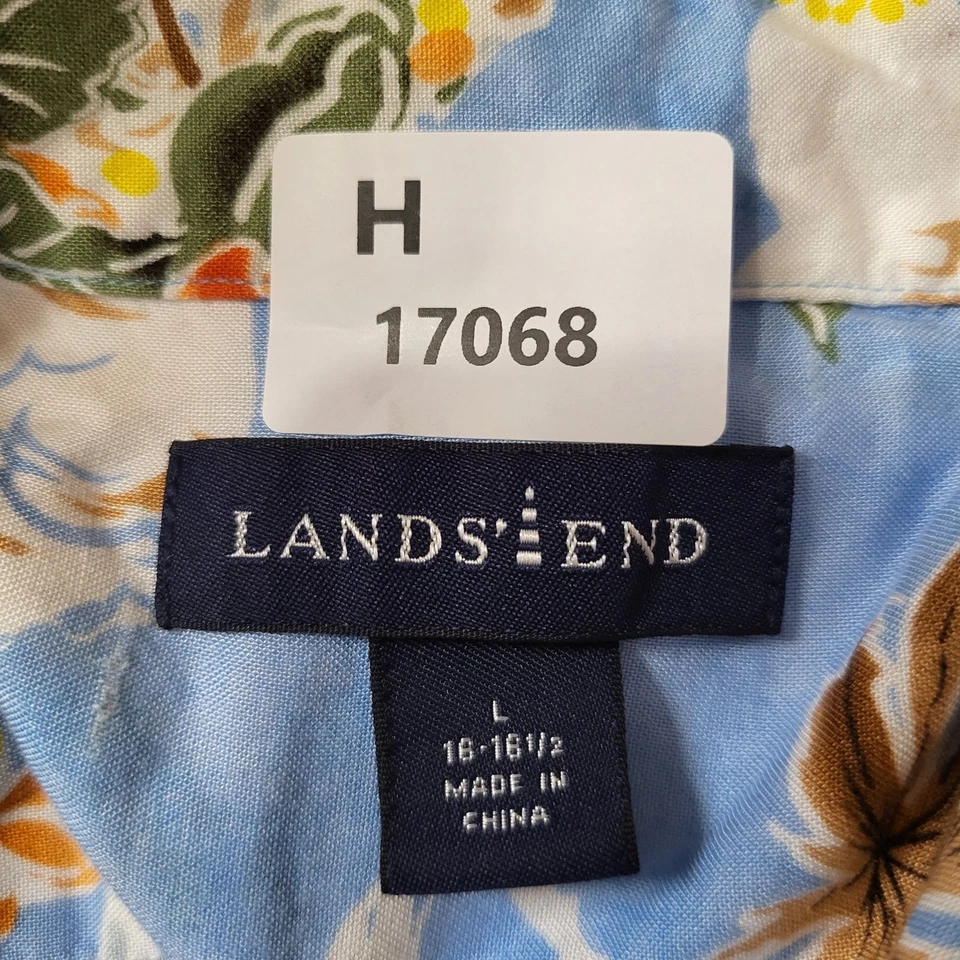 Lands' End Men Button Up Shirt L (16-16 1/2) Blue Floral Hawaiian Shirt - Image 2 of 4