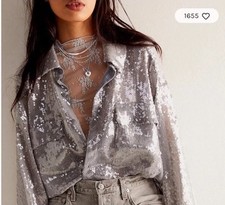 FREE PEOPLE Disco Margarita Button Down Shirt Oversized XL Plus Size Sequin Glam