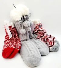 Lot of 3 NWT Auden Cozy Gray & Red Faux Fur Fuzzy Slipper Socks Size 4-10