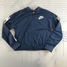 Nike Track Jacket Kids Large Blue Zip Up Logo Tape Sleeves Polyester Warm Up