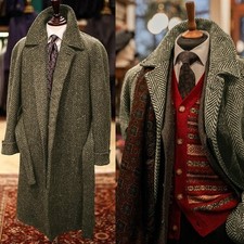 Men Coats with Belt Herringbone Wool Blend Long Overcoats Tweed Business Outwear