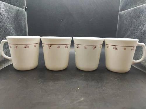Vintage Set of 4 Corelle Corning Burgundy Rose 12oz Coffee Tea Cups Made in USA