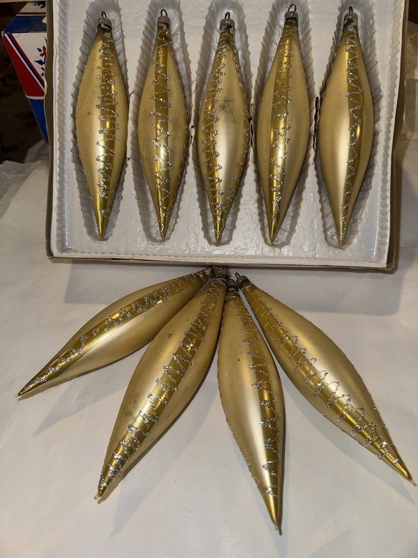 Vintage W Germany Glass Ornaments Gold Teardrop Icicle 9 Set Box Sears Imperial