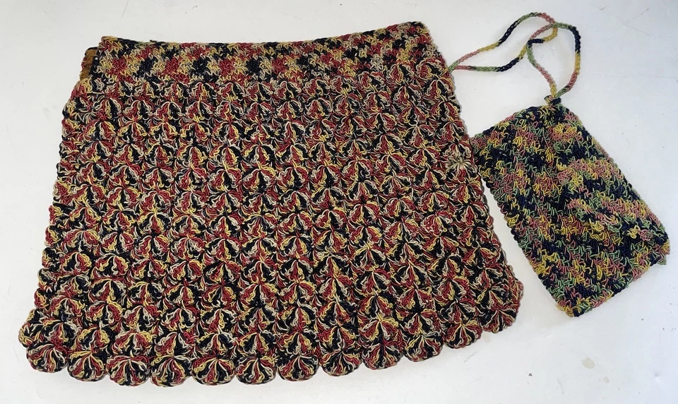 Bolso sin asas vintage Art Deco de palomitas de maíz tejido ganchillo arco iris ¡con mini monedero! Foto 2 de 4