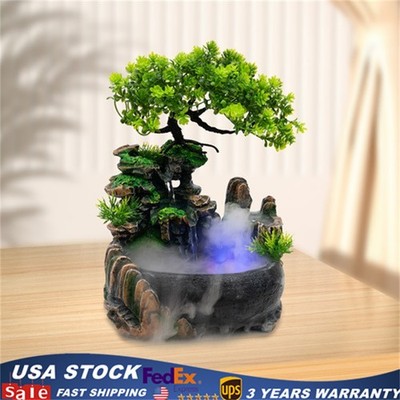 Indoor Water Fountain LED Light Tabletop Resin Rockery Fengshui Waterfall Decor.