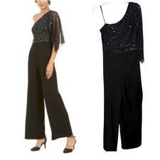 Adrianna Papell Beaded One Shoulder Jumpsuit Womens Size 6 Black Sparkle Event