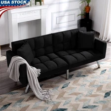 74" Futon Sofa Bed Sleeper Convertible Velvet Adjustable Backrest 2 Pillows New